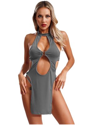 Women Sexy Sleeveless Halter Neck Cut Out Slit Dress with Thong