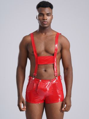 Men Patent Leather Adjustable Suspender Overalls Romper Club Wear