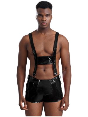 Men Patent Leather Adjustable Suspender Overalls Romper Club Wear