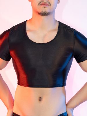 Men Glossy Short Sleeves Cropped Tops Sheer Tight Tops for Club