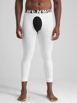 Men Sexy High Waist Open Crotch Solid Color Thermal Leggings