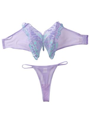 Women 2pcs Sheer Strapless Wireless Butterfly Bra and Thong Lingerie Set