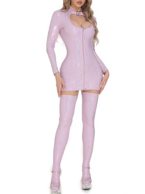 Women Wetlook Long Sleeve Bodycon Mini Dress with Stockings Bunny Costume Set