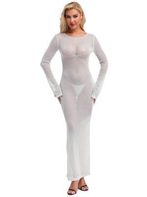 Women See Through Mesh Bodycon Maxi Dress Long Sleeve Beach Bikini Cover Up