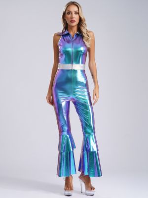 Women Metallic 70s Disco Costume Lapel Sleeveless High Waist Flared Jumpsuit