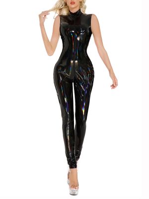 Women PU Leather Sleeveless Front Zipper Wet Look Jumpsuit for Club
