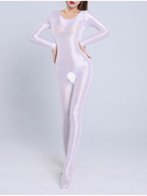 Women Glossy Long Sleeve Smooth Open Crotch Jumpsuit