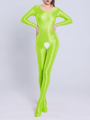 Women Glossy Long Sleeve Smooth Open Crotch Jumpsuit