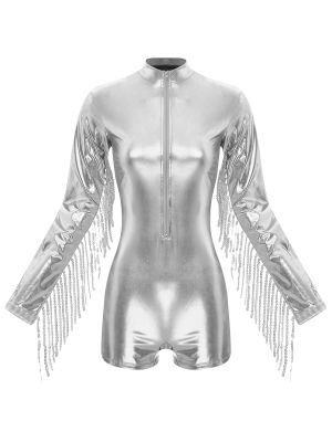 Women Metallic Long Sleeve Sequins Tassels Front Zipper Romper