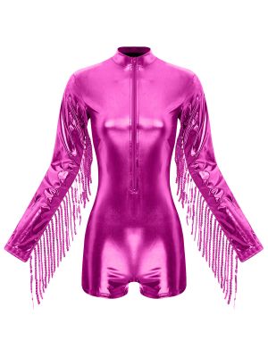 Women Metallic Long Sleeve Sequins Tassels Front Zipper Romper