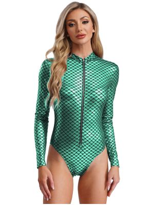 Women Long Sleeve Fish Scales Mermaid One Piece Swimsuit Bodysuit