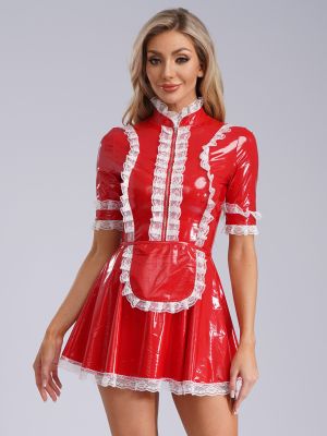Women Wetlook Short Sleeve Lace Trim A-line Dress with Apron Maid Costume