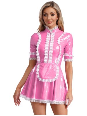 Women Wetlook Short Sleeve Lace Trim A-line Dress with Apron Maid Costume