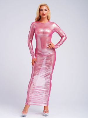 Women Long Sleeve Metallic Glossy See Through Maxi Dress Fun Club Wear