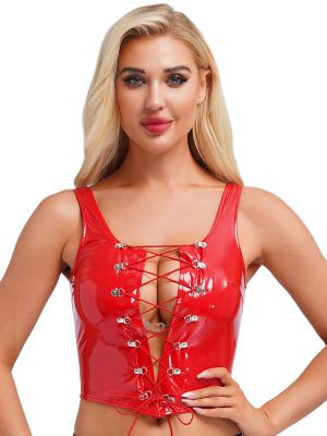 Women Wetlook Patent Leather Sleeveless Lace-up Tank Top