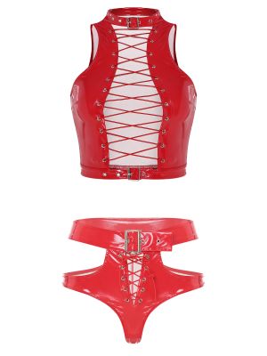 Women 2pcs Wet Look Patent Leather Lace-up Vest and Booty Shorts Set