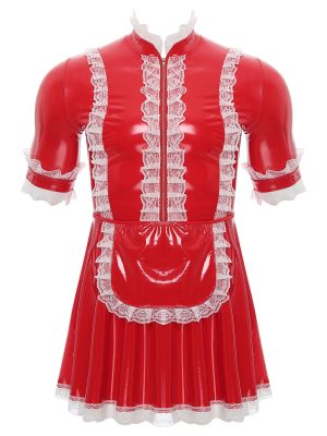 Men PVC Leather Short Sleeve Lace Dress with Apron Sissy Maid Cosplay Costume