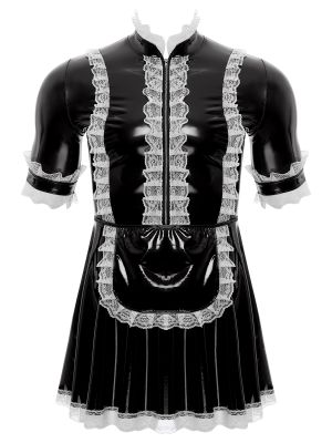 Men PVC Leather Short Sleeve Lace Dress with Apron Sissy Maid Cosplay Costume