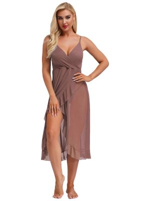 Women Sexy Sheer V Neck Sleeveless Chemise Nightdress with Thong Set