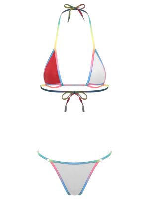 Women 2pcs Backless Colorful Rainbow Straps Self-Tie Micro Bikini Set