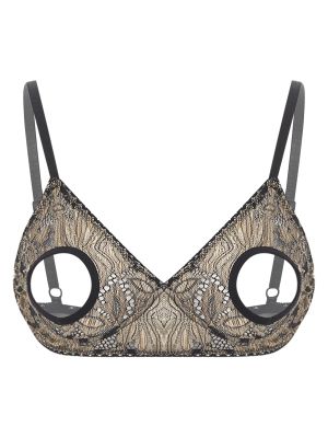 Women Sexy Floral Lace Spaghetti Straps Hollow Nipples Bra Top
