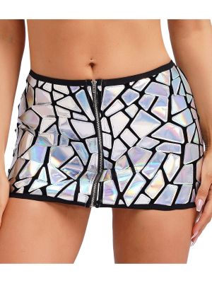 Women Glittering Sequins Y2K Front Zipper Bodycon Mini Skirt Nightclub Wear