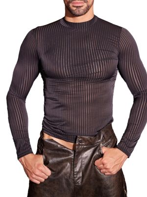 Men Long Sleeves Vertical Stripes Stretchy T-Shirt Club Wear