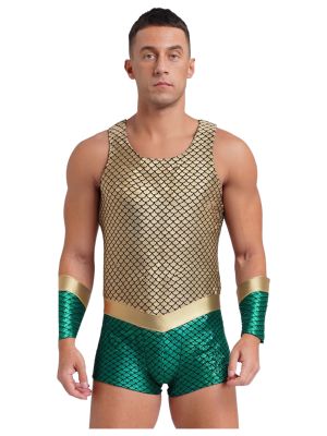 Men Fish Scale Bodysuit Aquaman Costume for Halloween, Comic-Con Themed Party