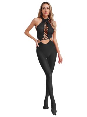 Women Glossy Sheer Jumpsuit Halter Neck Sleeveless Lace-up Hollow Out Bodysuit