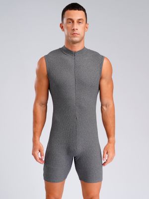Men Solid Sleeveless Boyleg Zipper Slim Fit Onesie Romper