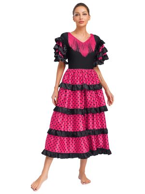 Women Flamenco Dance Performance Costume Tassels V-Neck  Color Block Dots Dress