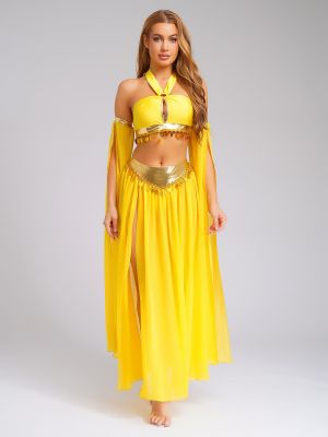 Women Belly Dance Costume Set Sequined Crop Top Chiffon Skirt with Slit Sleeves