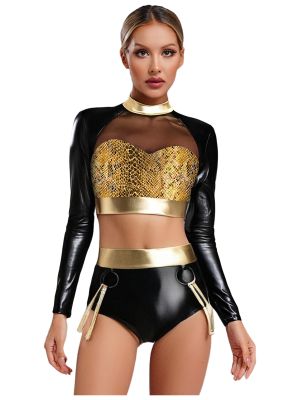 Womens Metallic Clubwear Snakeskin Pattern Crop Tops and Shorts for Raves Disco