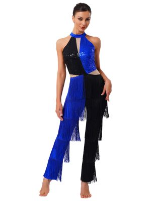 Womens Latin 70s Disco Sequin Tassel Jumpsuit Clubwear Dancewear
