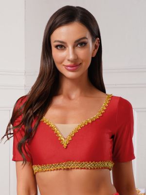 Womens Short Sleeve Belly Dance Crop Top Gold Trim Toga Costume