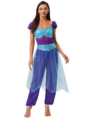 Women Sequined Tulle Arab Princess Belly Dance Jumpsuit for Halloween & Stage