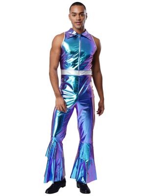 Men Metallic 70s Disco Jumpsuit Lapel Flared Pants for Dance & Stage Performance