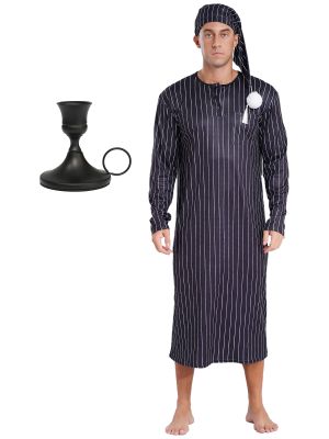 Men's Striped Sleep Robe Costume Set with Pointed Hat & Candlestick for Xmas