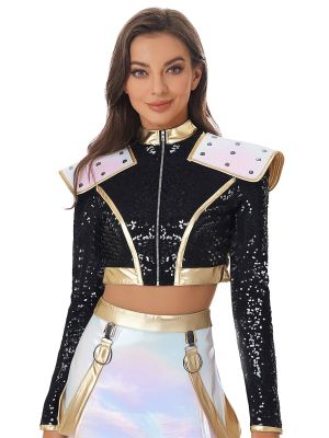 Women Sequin Moto Jacket Epaulets Zipper Belly-Length for Dance & Singer Cosplay