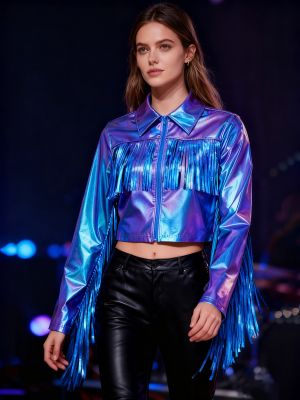 Women's Metallic Fringe Cropped Bomber Jacket for Dance, Parties & Night Out