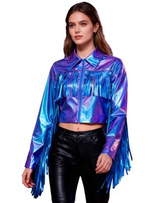 Women's Metallic Fringe Cropped Bomber Jacket for Dance, Parties & Night Out