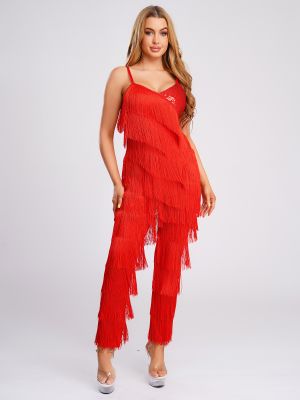 Women's Latin Tango Dance Fringe Jumpsuit Cami Long Pants Bodysuit for Cha-cha