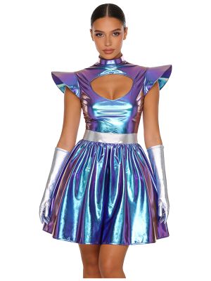 Womens Alien Cosplay Costume Metallic A-line Dress Astronaut Spaced Theme Party