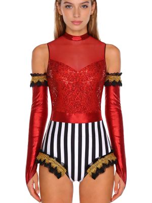Womens Circus Ringmaster Bodysuit with Gloves Sequined Striped Halloween Costume