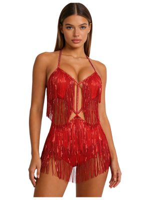 Women Sequin Backless Fringe Latin Dance Leotard Dress for Cha-Cha,Belly Dance