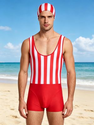 Men Quick-Dry Sleeveless One Piece Swimsuit with Swim Cap for Surfing, Pool