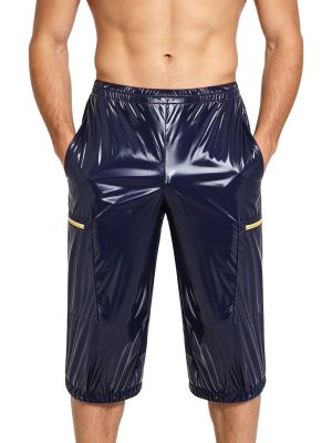 Men's Waterproof PVC Wet Look Cargo Shorts Zipper Capri Pants for Club & Beach