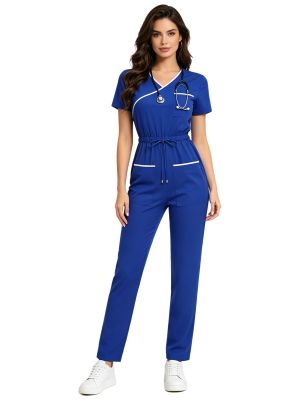 Women's Medical Scrubs Jumpsuit with Pockets Workwear Coverall Halloween Costume