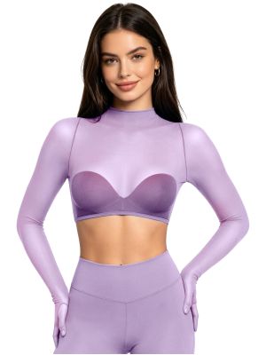 Women Sheer Glossy Crop Top with Glove Sleeves Wet-Look Club Tee for Rave