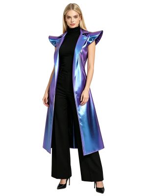 Women Metallic Open Front Belted Trench Coat for Music Festivals, Clubwear